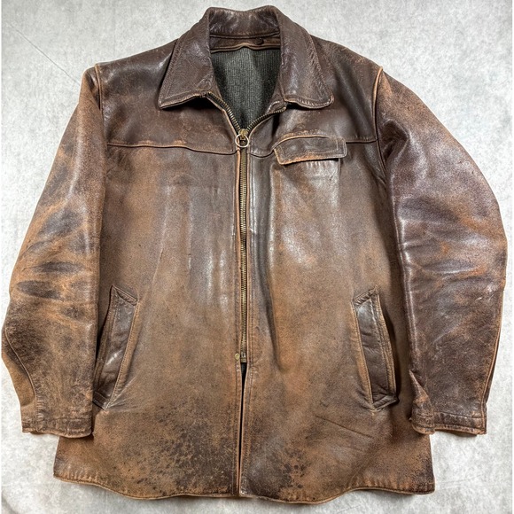 Other - Unbranded Vintage Brown Leather Jacket Blanket Lined CHIC Ring Pull Zipper